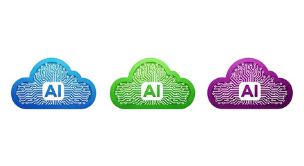 Gradient clouds glow, showing digital circuit style. AI technology icons on black are great for tech branding, website graphics, posters, and more.