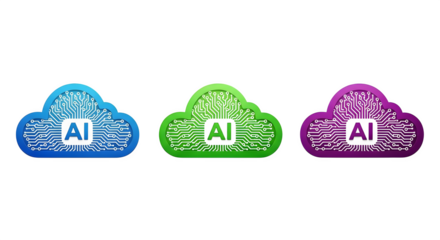 Gradient clouds glow, showing digital circuit style. AI technology icons on black are great for tech branding, website graphics, posters, and more.