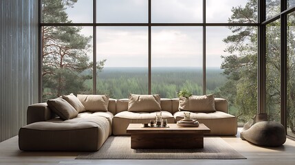 Large corner sofa in beige tones positioned before panoramic windows showing forest outside, minimalist interior design with wooden coffee table, Scandinavian home decor for living room or dining area