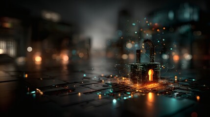 Cyber security visualization glowing digital lock artificial intelligence defense futuristic network protection big data safety 