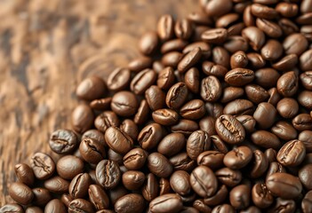 Obraz premium Close-up of rich brown coffee beans, textured background, coffee background, detail