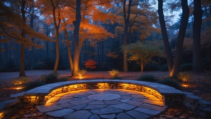 Autumn forest scene with illuminated circular stone seating area surrounded by trees with orange and yellow leaves. Peaceful outdoor setting at dusk.
