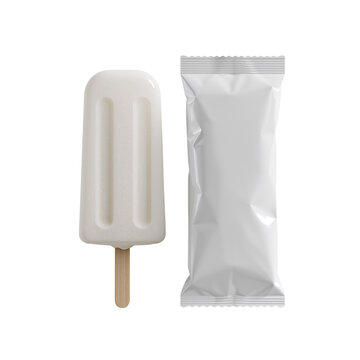Minimalist presentation of a creamy white popsicle and blank packaging on black background