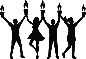 people celebrating with lamps and flame silhouette vector