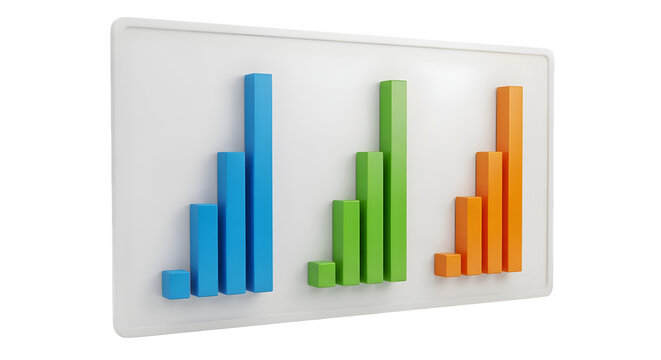 Glossy Blue, Green, Orange bars shows chart growth. 3D style visual for presentation, infographic, or financial report.