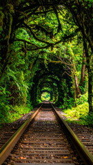 Obraz premium Scenic railroad track surrounded by dense green forest forming a natural tunnel, creating a serene and enchanting view with vibrant foliage.