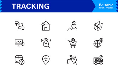 Tracking line icon set featuring pixel-perfect, editable vector graphics. Includes professional, modern, and minimal designs ideal for logistics and location services.
