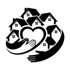Houses surrounding heart shape with hands isolated on white background