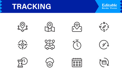 Tracking line icon set featuring pixel-perfect, editable vector graphics. Includes professional, modern, and minimal designs ideal for logistics and location services.