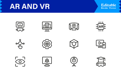 AR and VR Experience Icons – Modern Professional Line Icon Set Featuring Minimal Vector Style for Augmented and Virtual Reality, Technology, and Digital Interfaces
