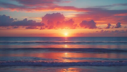 Obraz premium Sunset over the ocean with vibrant clouds and reflection on the water. Beautiful sky and calming waves. Nature and tranquility scene.