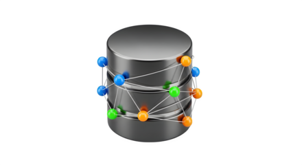 3D metal cylinder shows networked data with blue, orange, green nodes. Represents data storage, tech illustration, UI, website background.