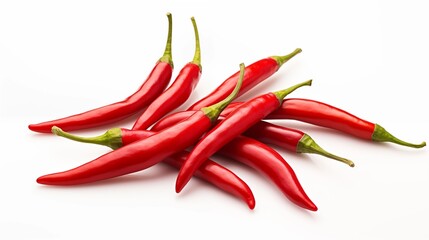 Pile of fresh red chili peppers isolated on white background symbolizing spicy organic vegetables for cooking.