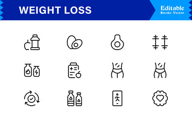 Weight Loss line icon set with modern minimal style, professional health and fitness collection, unique slimming and diet vector icons for clean visual communication, sleek design