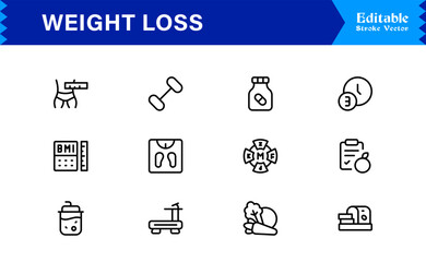 Weight Loss line icon set with modern minimal style, professional health and fitness collection, unique slimming and diet vector icons for clean visual communication, sleek design