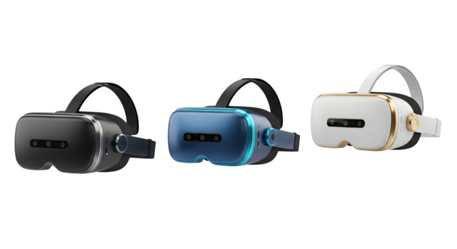 Sleek black, blue, white VR headsets feature metal trim on a dark backdrop. Shows tech product photography, digital marketing, or virtual reality integration.