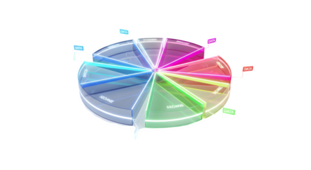 Colorful 3D pie chart shows business analytics. Abstract and glow style, use for presentation, branding, and technology background.