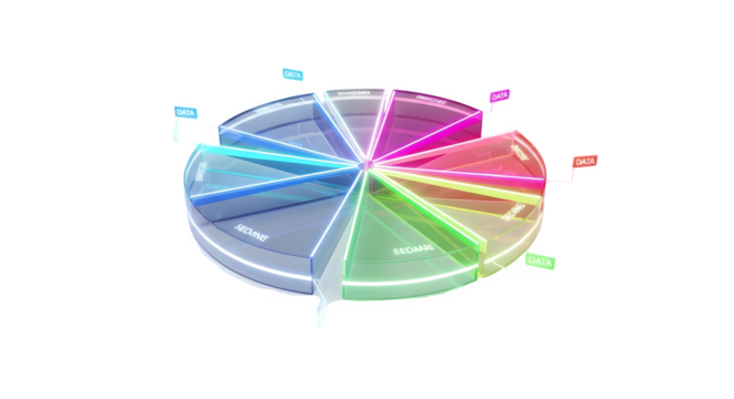 Colorful 3D pie chart shows business analytics. Abstract and glow style, use for presentation, branding, and technology background. - Powered by Adobe