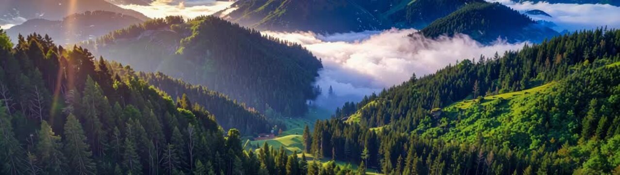 Stunning panoramic view of a breathtaking sunrise over majestic mountain peaks, with low lying clouds.