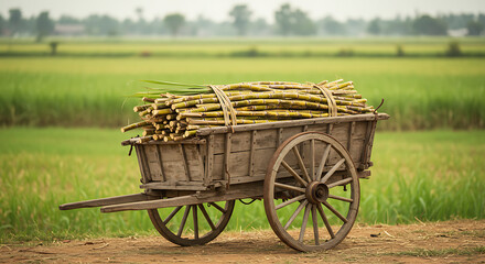 Wooden cart filled with harvested sugarcane stalks, set against a blurred backdrop of lush green fields in a rural setting, symbolizing agricultural abundance