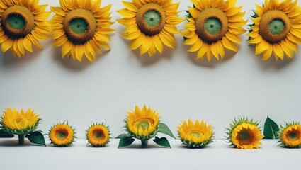 Sunflowers arranged in a pattern with some facing upward and others downward, on a plain background. Floral decoration and botanical display.