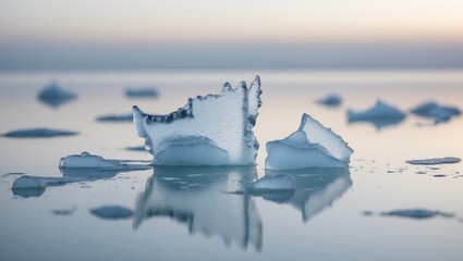 Icebergs floating on calm water with blurred background, cold and serene environment, natural scenery, Arctic or Antarctic terrain.