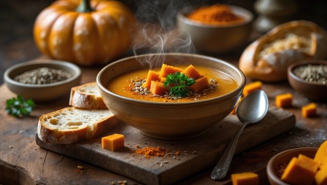 A bowl of hot pumpkin soup garnished with herbs, surrounded by bread, pumpkin, and various bowls of ingredients on a wooden table.