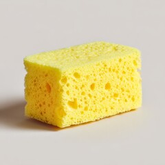 Bright yellow rectangular sponge with porous texture isolated on a light neutral background