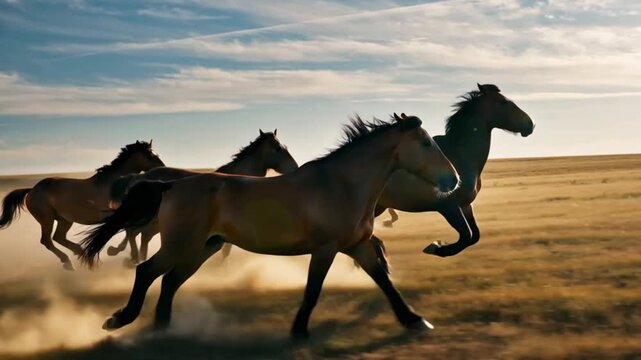 Group of wild horses running freely across dusty plain at sunset