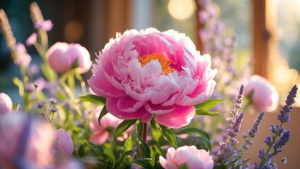 Fototapeta premium Pink peony flower surrounded by purple lavender with soft sunlight in the background.
