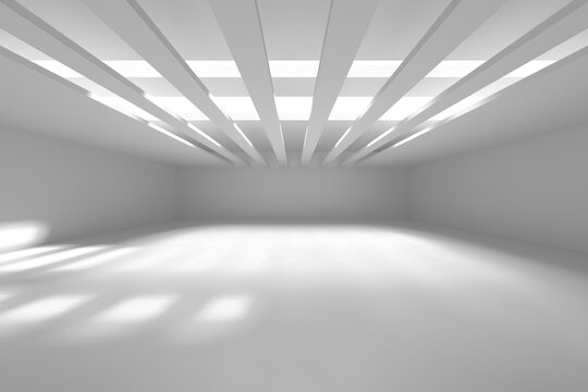 Minimalist white room with geometric ceiling lights design for modern interiors. 3d render