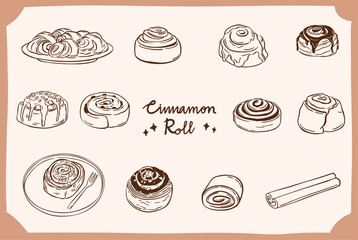 cinnamon rolls cake doodle hand drawn sketch illustration collection set