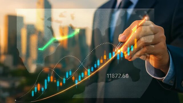 Businessman Touching Rising Stock Graph Chart Video Thumbnail With City Skyline Background