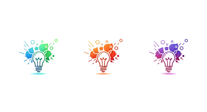 Colorful lightbulbs gleam. Flat, simple design works for social media, icons, and branding.