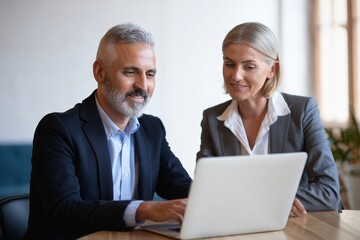 Mature Business Professionals Collaborating on Laptop at Desk