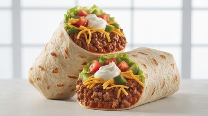 Two Burritos Filled with Meat, Cheese, Lettuce, Tomatoes, and Sour Cream wrap tortilla