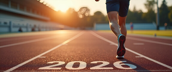 Happy New Year 2026: A Man Preparing to Run on an Athletics Track, Symbolizing New Year Goals and Success - Stock Photo Concept with Space for Your Message