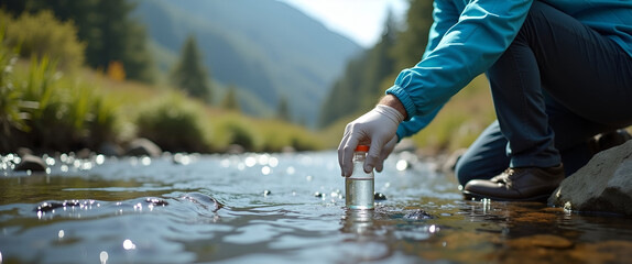 Technician Collecting Freshwater Samples from Mountain Stream: Ensuring Quality Analysis with Sterilized Bottles Under Strict Field Protocol - Photo Stock Concept with Left Space