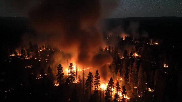 Aerial tilt-down drone view of raging Alaskan forest fires, with trees engulfed in flames and heavy smo