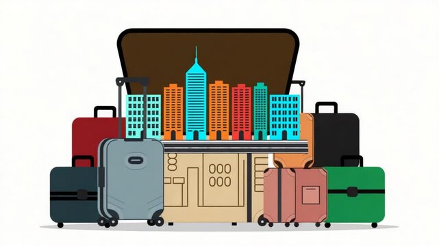 City in suitcase open line 2D animation. Travel bag houses urban scene 4K video motion graphic. Opening luggage suburban. Baggage homes linear animated cartoon flat concept, white background