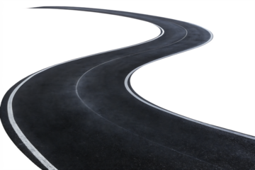 Dark asphalt road with white lines curving isolated on a transparent background highway