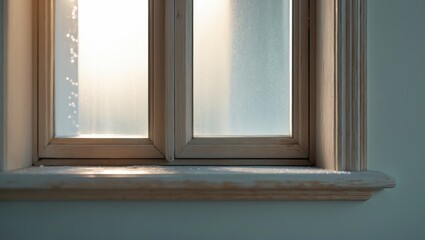 A close-up of a frosted window with a wooden frame and a windowsill.