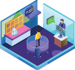 Isometric futuristic marketing office glowing vibrant digital display technology vector illustration