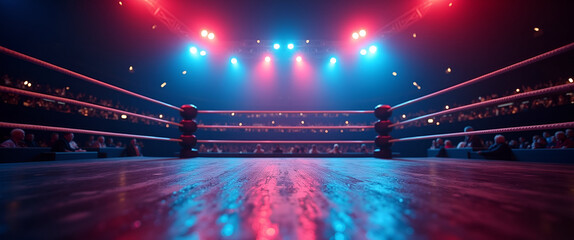 Dynamic view of professional wrestling ring illuminated with vibrant lights in Photo Stock Concept, featuring an empty space on the left side for text or graphics.