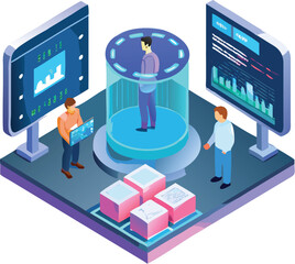 Futuristic isometric research lab scene with holographic display and scientific data