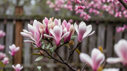 Obraz premium Magnolia flowers blooming on a tree branch with a wooden fence and cherry blossoms in the background.