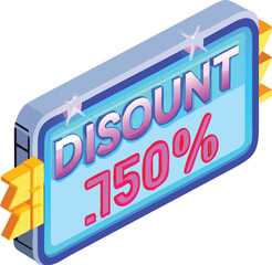 Isometric glowing discount coupon with neon lights and 750 percent offer