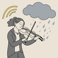 Woman Playing Violin in the Rain: A Grey Scale Line Art Illustration