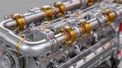 Close-up view of a high-performance car engine showcasing intricate metal components and precision engineering.