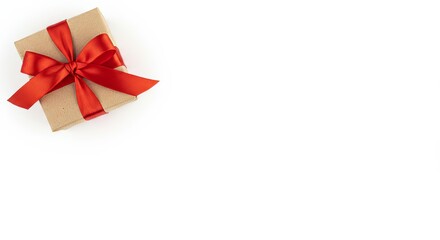 A wrapped gift box with a red ribbon and bow.